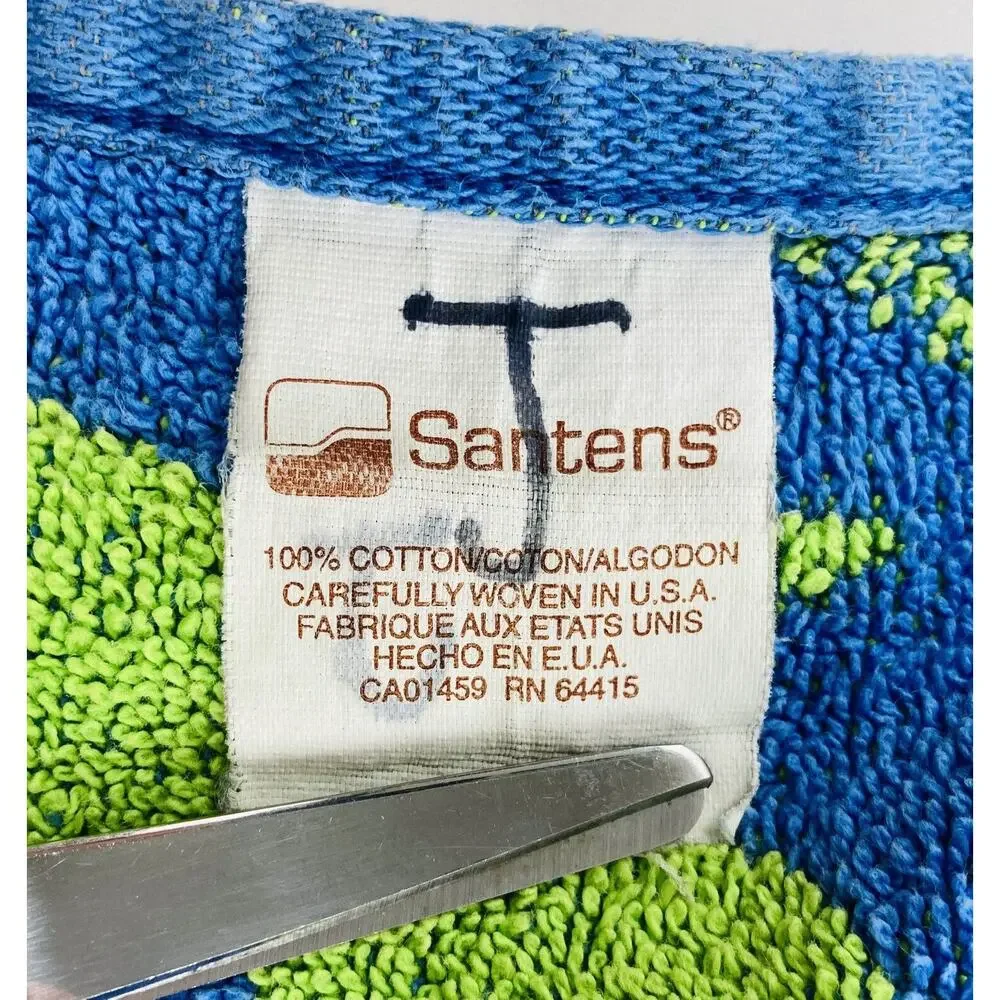 Vtg Beach Towel Palm Tree Sailboats Santens Cotton USA Large Green Blue Sunshine